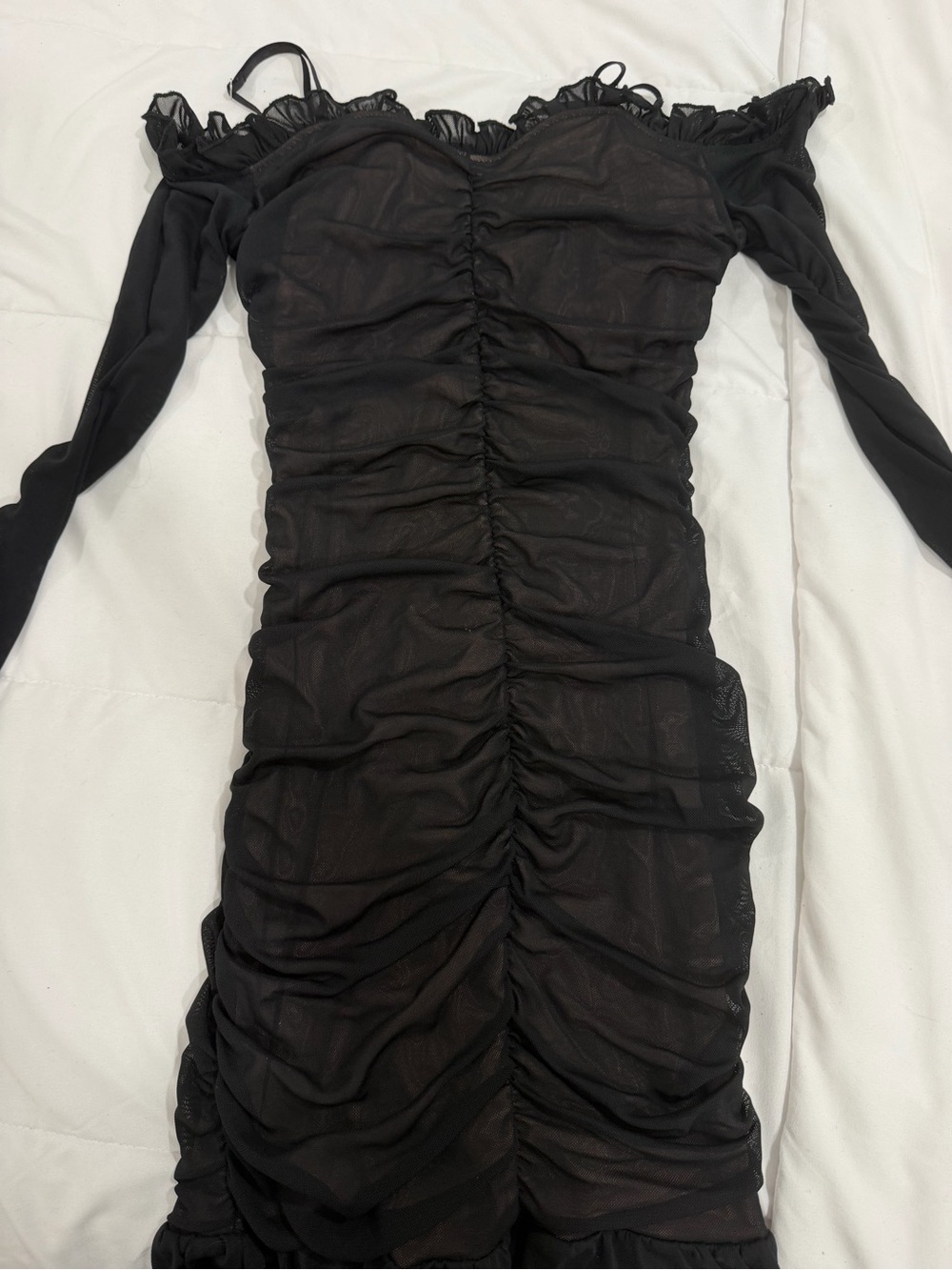 Black Off-Shoulder Ruched Mesh Bodycon Dress